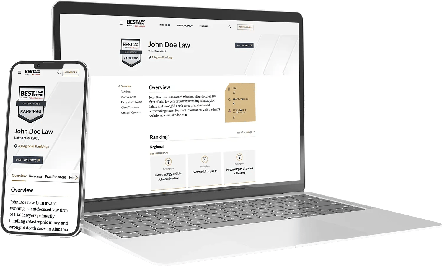 Example of a Best Law Firms profile displayed on a desktop screen and phone